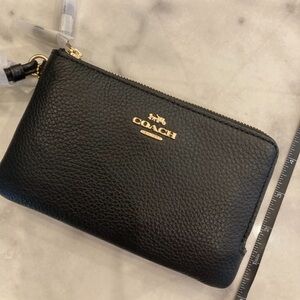 Coach Black Leather double corner zip Wristlet with Gold Accents